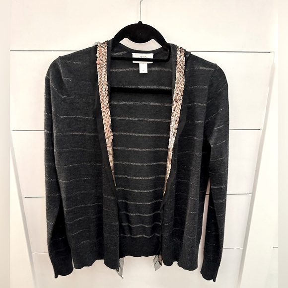 LOFT M Gold sequin grey stripe wool blend lightweight woman classic cardigan - Picture 2 of 12